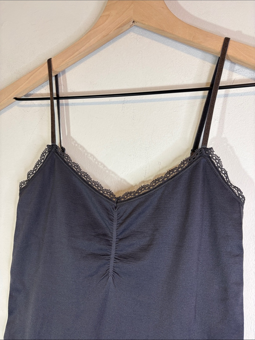 NWT Super Stretchy Charcoal Grey Lace Trim Cinched Bust Full Length Cami Tank S